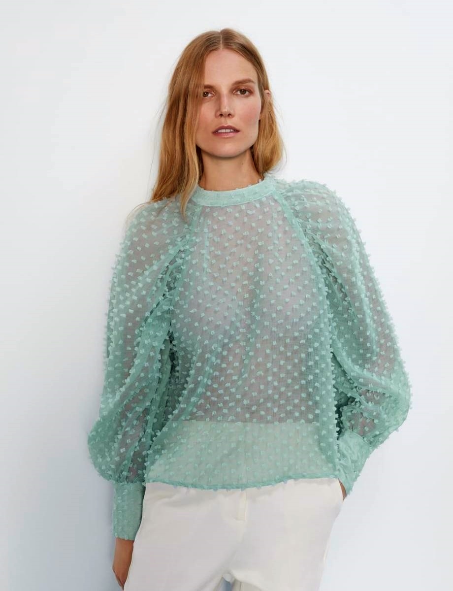 新品 ZARA ドビードット パフスリーブブラウス 神崎恵着 S 水色 