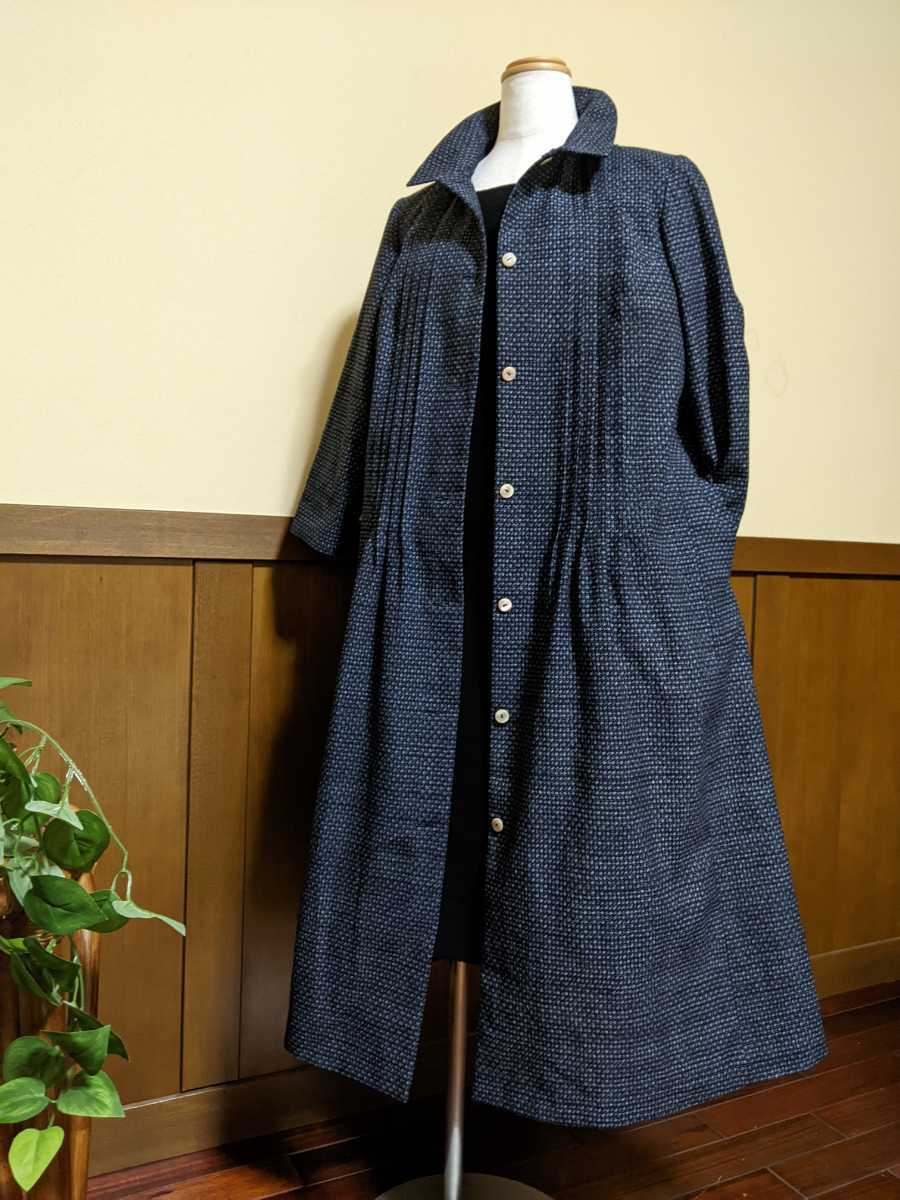 着物リメイク 絣の前開きワンピース 書生絣 雪ん子 