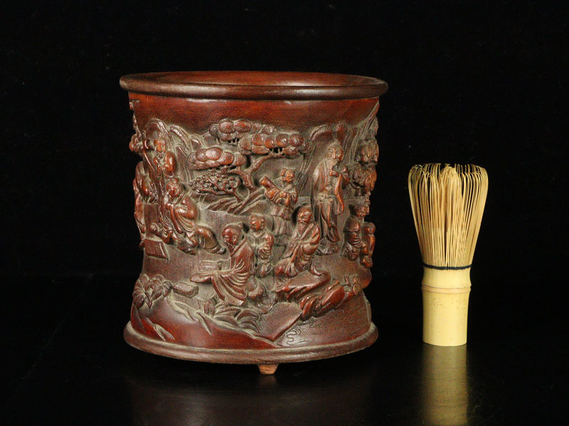 縁】中国古玩 香山九老図竹製筆筒 旧家所蔵品 書道具 筆