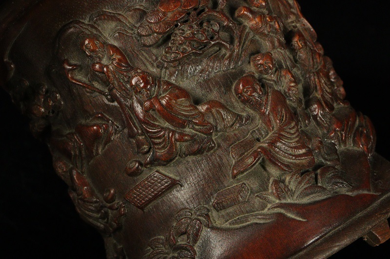 縁】中国古玩 香山九老図竹製筆筒 旧家所蔵品 書道具 筆