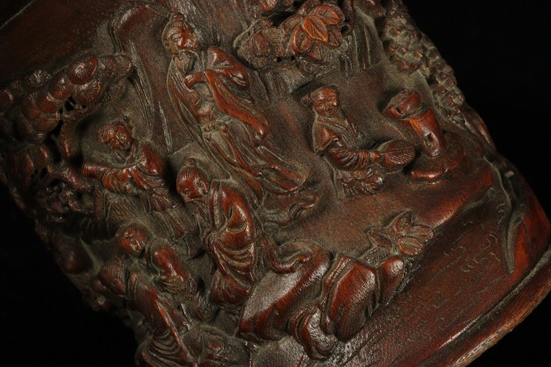 縁】中国古玩 香山九老図竹製筆筒 旧家所蔵品 書道具 筆