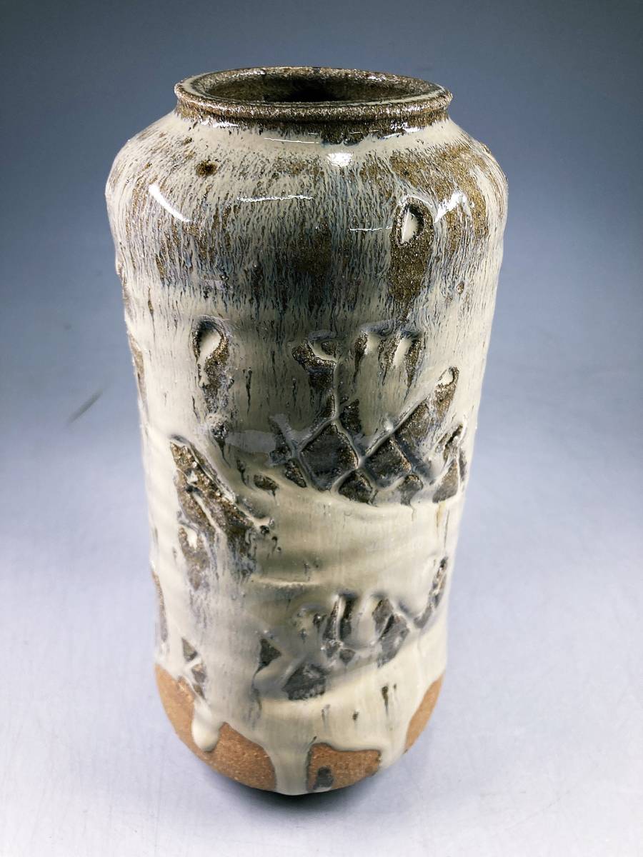 美品【矢野知】作 唐津焼 斑唐津 花生 唐津花瓶 花器 飾壺 大花瓶 置物 