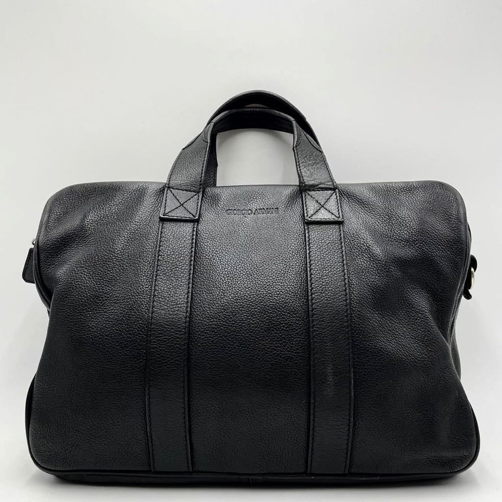 【美品】ジョルジオアルマーニ ビジネスバッグ オールレザー シボ革 ロゴ刻印 黒 外観極美品》 GIORGIO ARMANI ビジネスバッグ オールレザー ジョルジオ