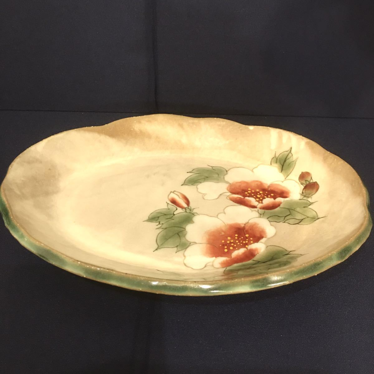 未使用 陶あん 芙蓉 楕円皿 25×19cm 京焼 清水焼 とうあん 色絵付 花柄