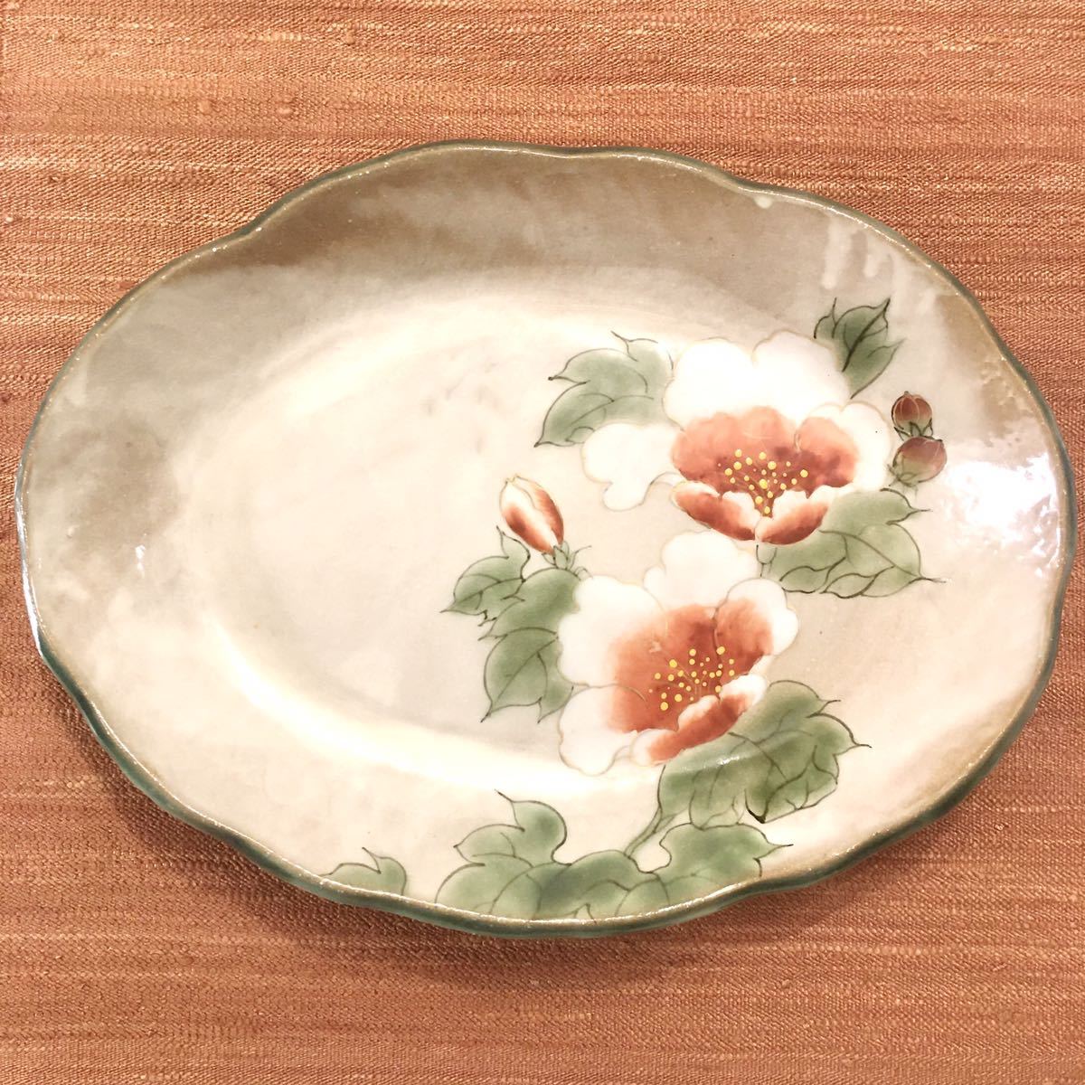 未使用 陶あん 芙蓉 楕円皿 25×19cm 京焼 清水焼 とうあん 色絵付 花柄