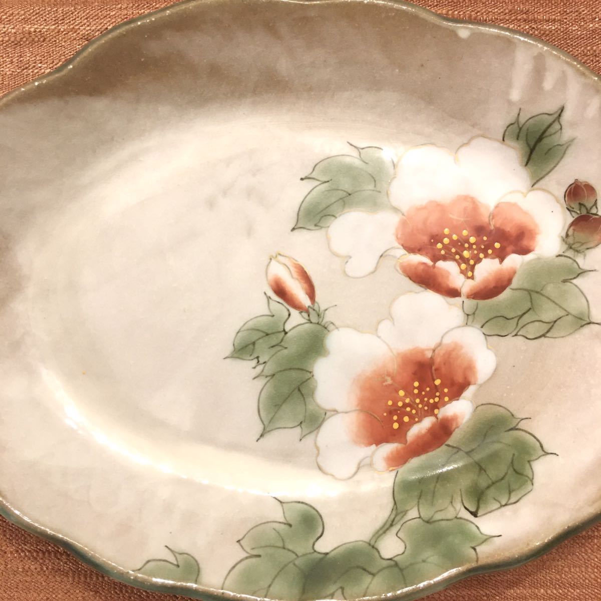 未使用 陶あん 芙蓉 楕円皿 25×19cm 京焼 清水焼 とうあん 色絵付 花柄
