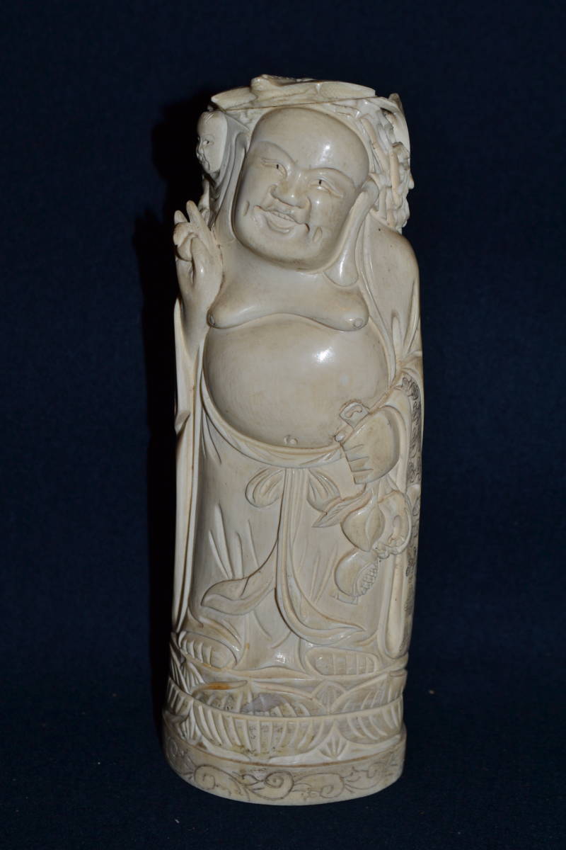 1161【細密彫刻】布袋 七福神 マンモス 象牙風 乾隆 H19.5㎝ 497.5g
