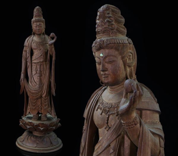 仏教美術 木彫 観音菩薩立像 38cm 超絶技巧細密彫 仏像 佛像[4431i