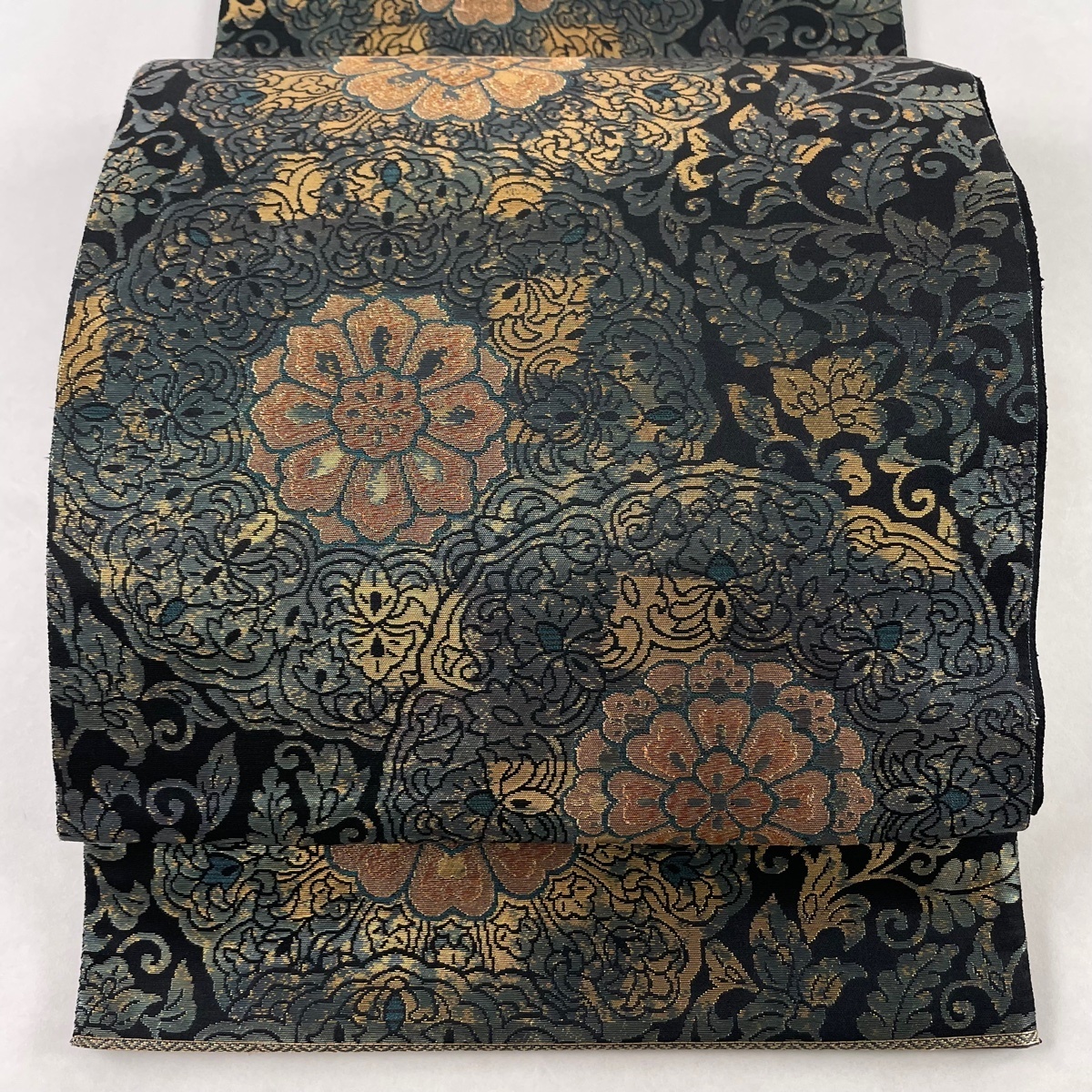 袋帯 本金箔 古九谷花鳥文 華文24M16f 袋帯 美品 名品 華文 鳥 金糸 箔 灰緑 六通 正絹 【中古】