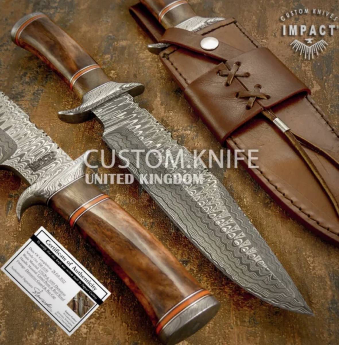 100%新品，HOT 全長35.8cm イギリス IMPACT製 ダマスカス鋼 ナイフ カスタム キャメルボーンハンドル アウトドア 防災 サバイバル 野営 狩猟 キャンプ(ハンティングナイフ、狩猟刀)｜売買されたオークション ハンティングナイフ、狩猟刀