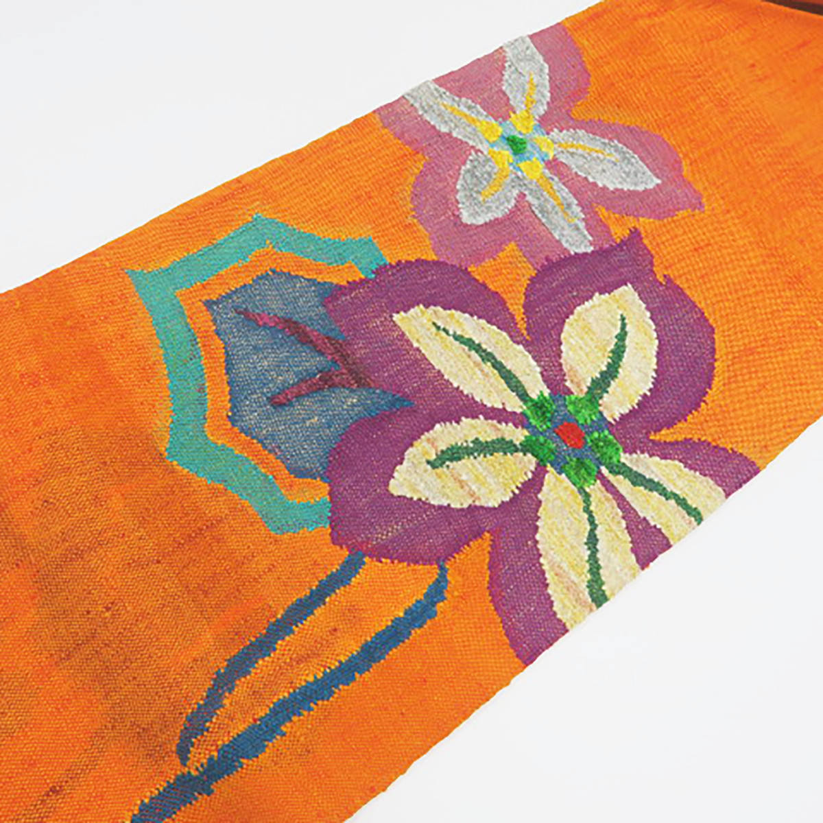 名古屋帯 紬地 オレンジ 花柄 八寸名古屋帯 かがり帯 中古 ビビッド 