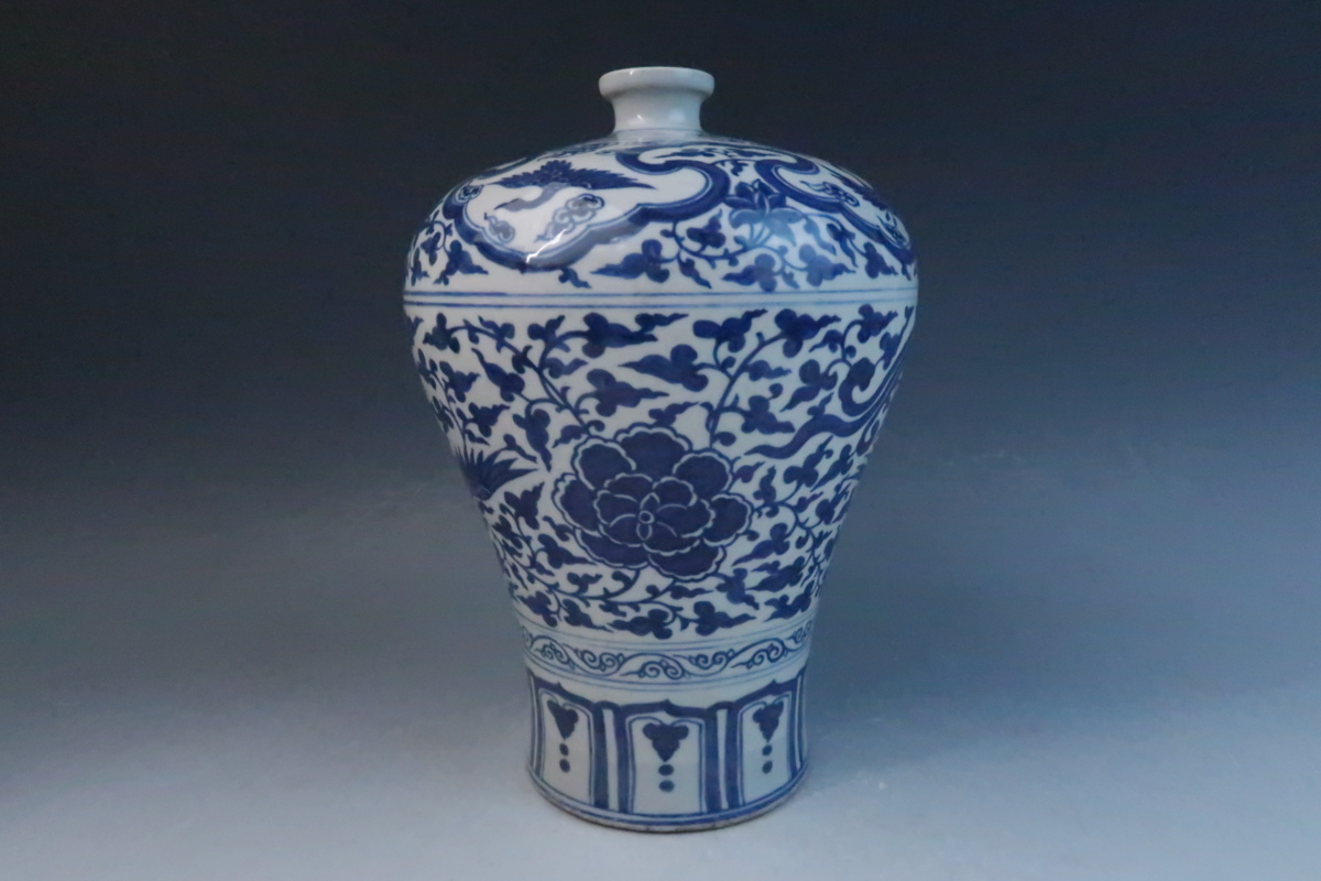 中国古玩 清代 青花 染付 鳳凰花唐草文 花入 花瓶 瓶子 梅瓶 飾瓶 無傷