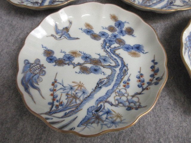 古伊万里 染付 中皿 8枚 [B28076] 松竹梅に鶴亀図 線描き 直径15cm