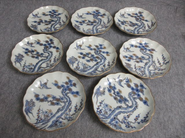 古伊万里 染付 中皿 8枚 [B28076] 松竹梅に鶴亀図 線描き 直径15cm