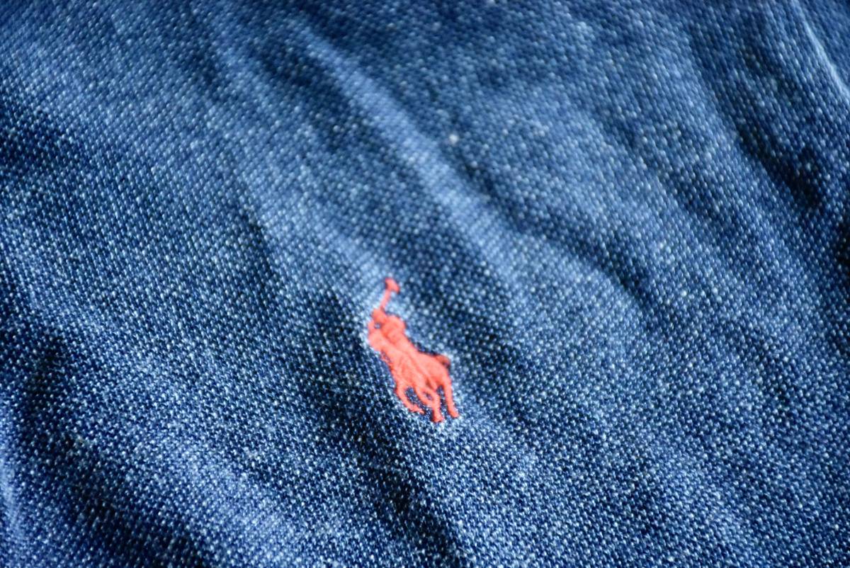 希少 POLO RALPH LAUREN ポロラルフローレン 鹿の子 半袖 ポロシャツ XL CUSTOM FIT インディゴ染め 刺繍 ブルー