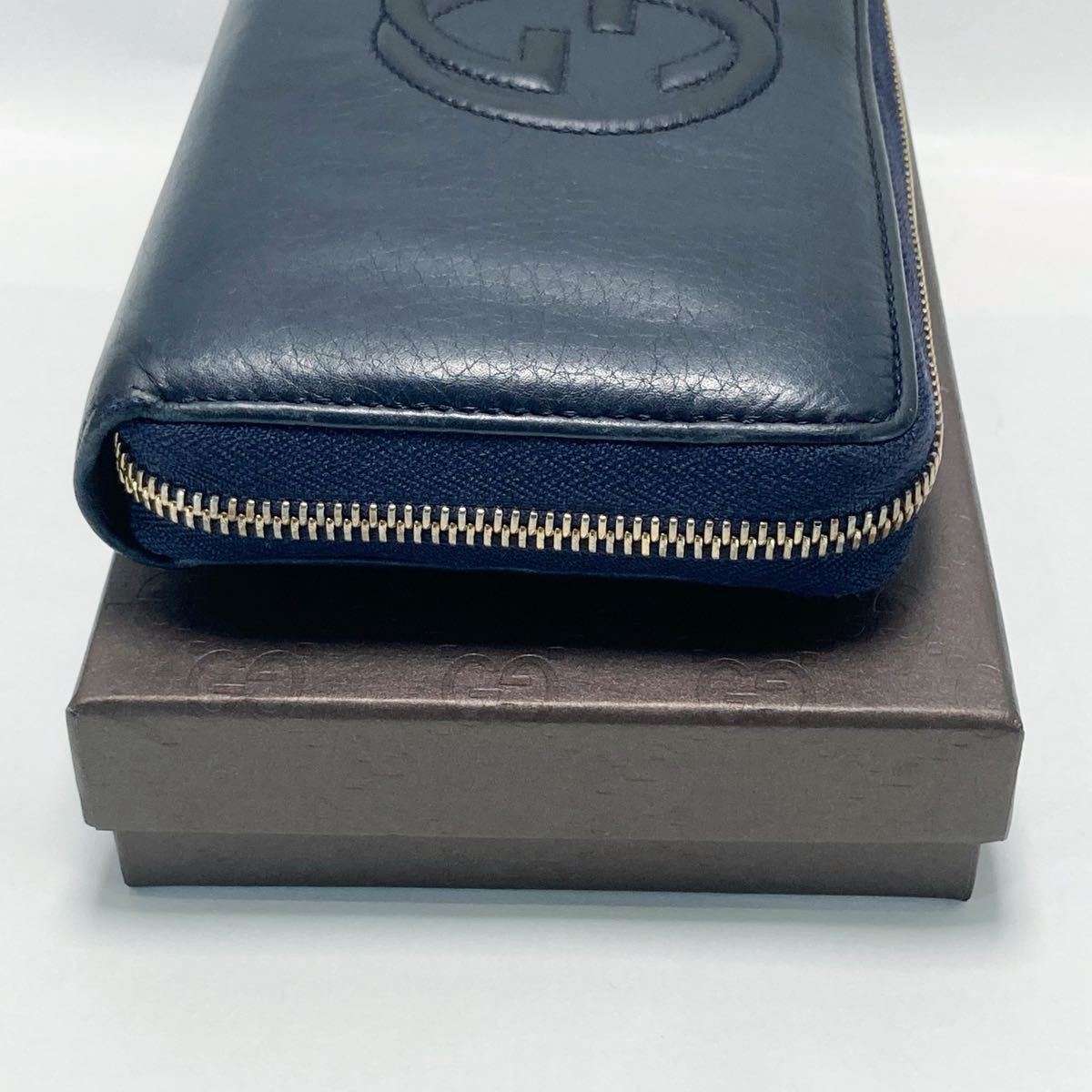 ※m.m グッチ 長財布 ラウンドファスナー GG SOHO ソーホー 紺 1円】美品GUCCI グッチ ソーホー SOHO ラウンドファスナー インター