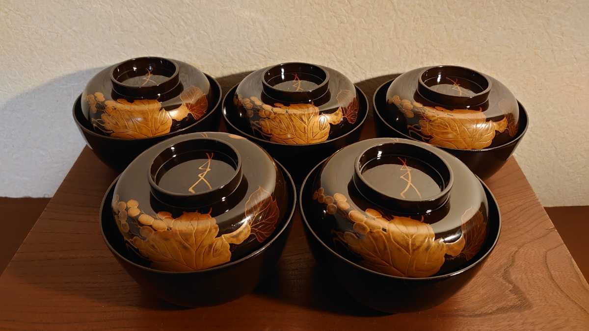 輪島塗 蒔絵 金蒔絵 碗 蓮 雀の図 アンティーク漆器 蔵出し 10客 Yahoo