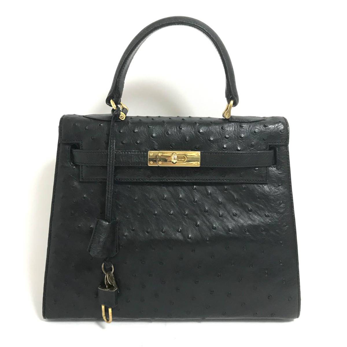 C-16 1円～ 美品 オーストリッチ ハンドバッグ ゴールド金具 ブラック 