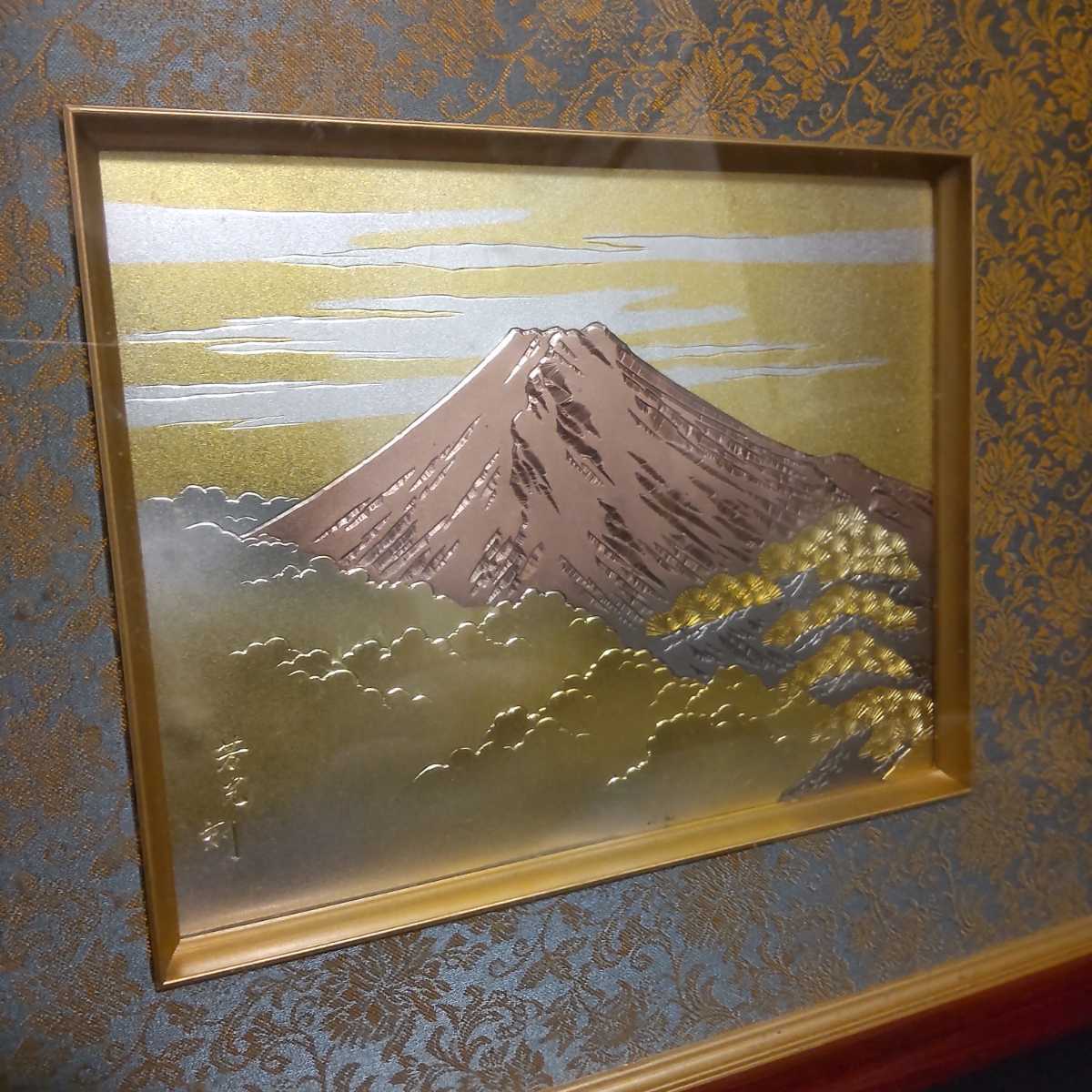 銅板彫刻 芳光刻 赤富士 富士山 純金 純銀 額縁 額装 アート (銅製 