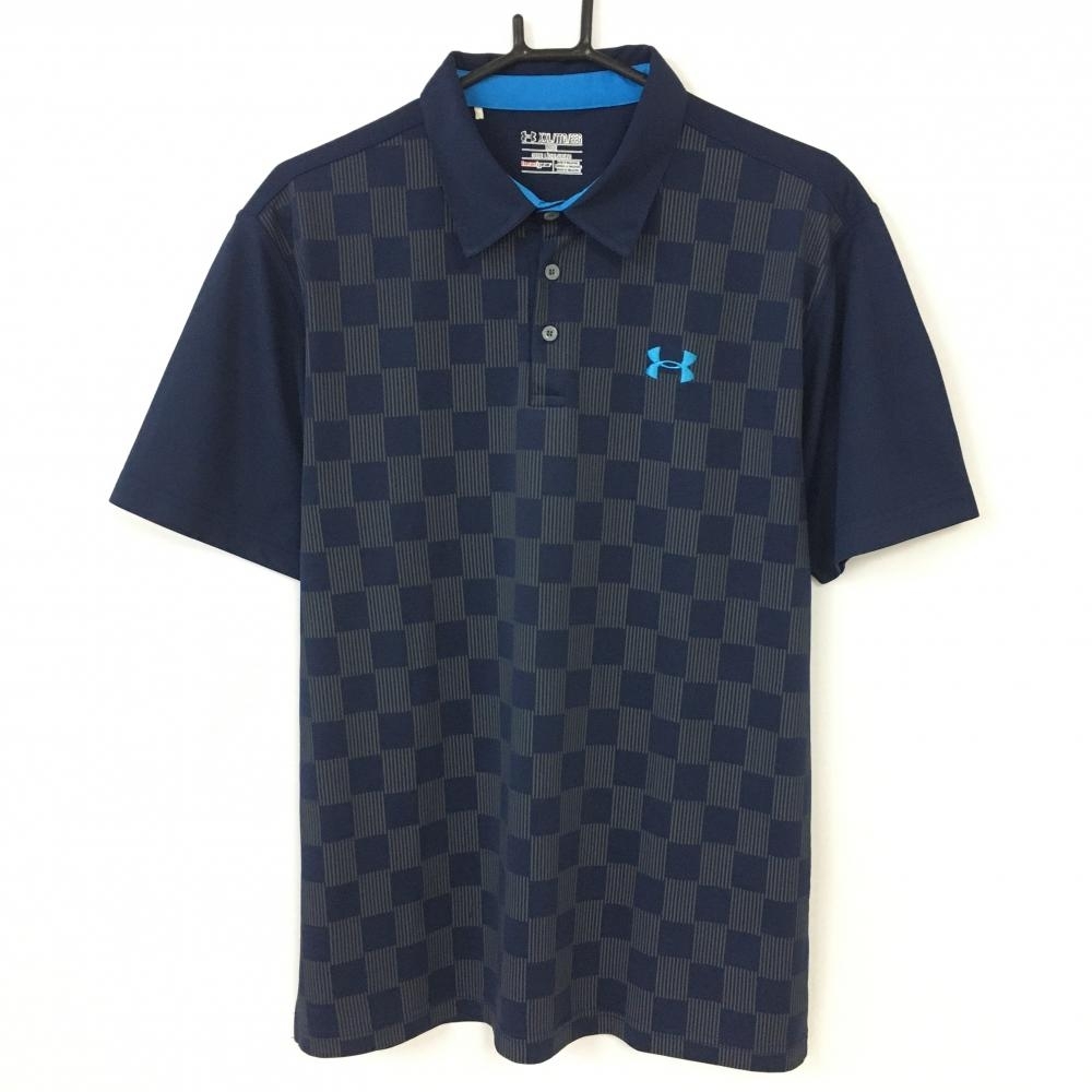 【美品】UNDER ARMOUR アンダーアーマー 半袖ポロシャツ ネイビー×グレー 格子柄 前面柄 ヒートギア メンズ XXL/TTG/EEG ゴルフウェア