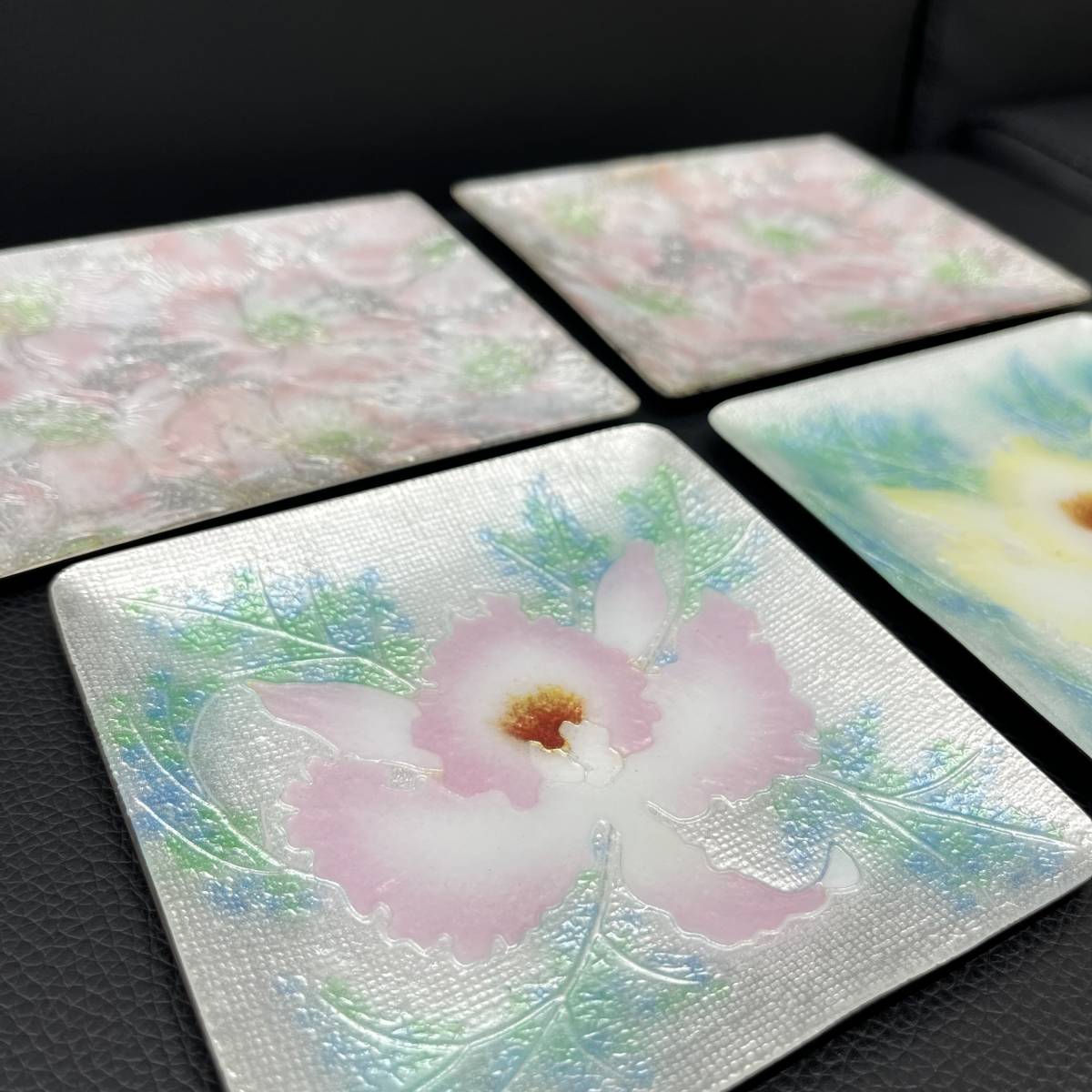 #4761 tutanka 七宝焼 七宝飾皿 菓子皿 盛皿 絵皿 食器 花 4枚セット