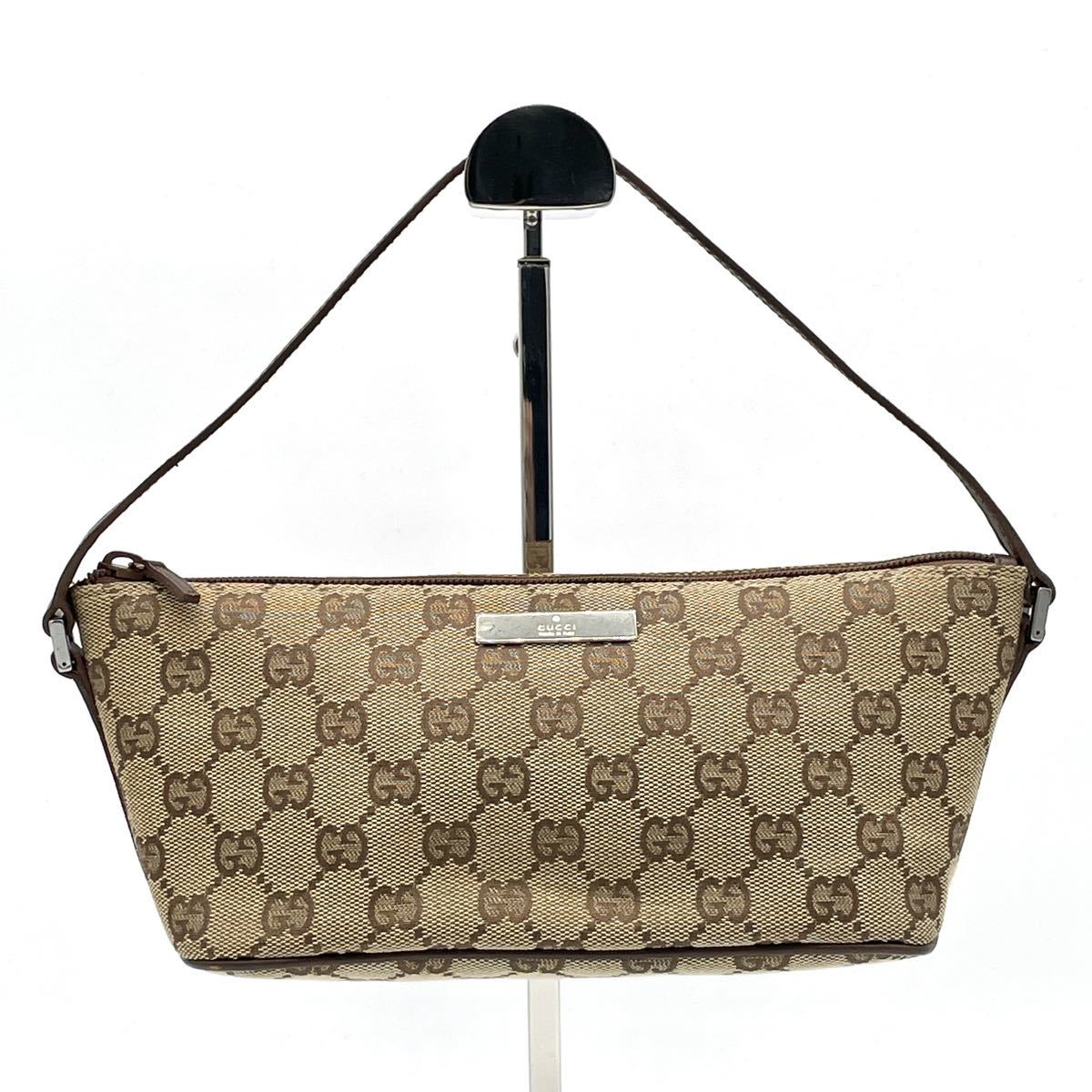 美品 GUCCI グッチ GGキャンバス レザー ブラウン アクセサリーポーチ 