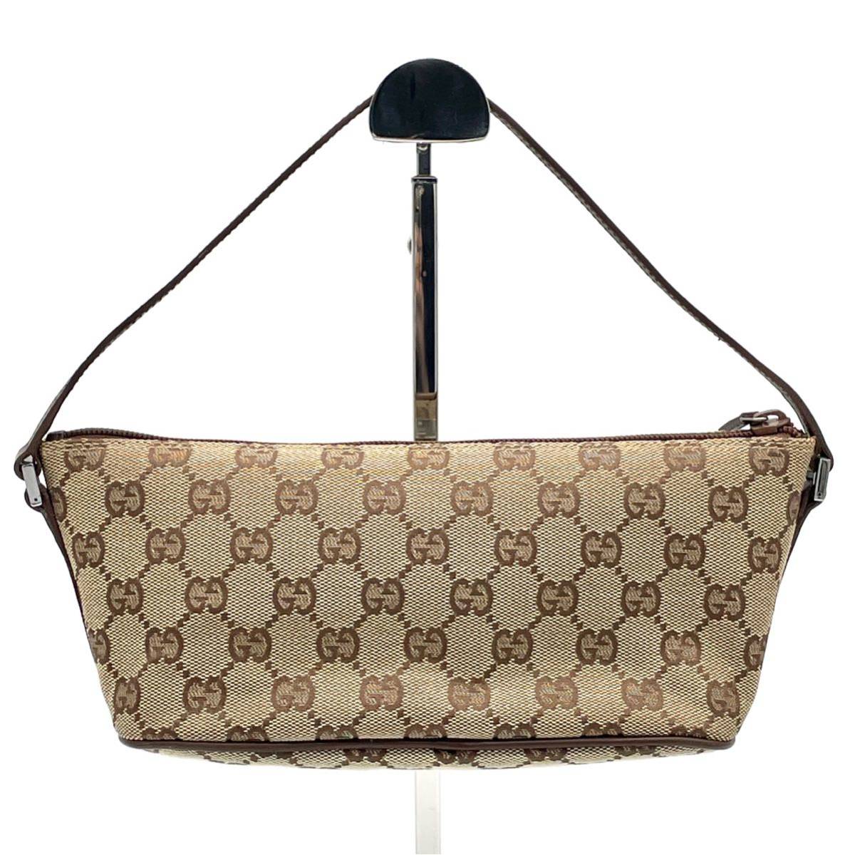 美品 GUCCI グッチ GGキャンバス レザー ブラウン アクセサリーポーチ  