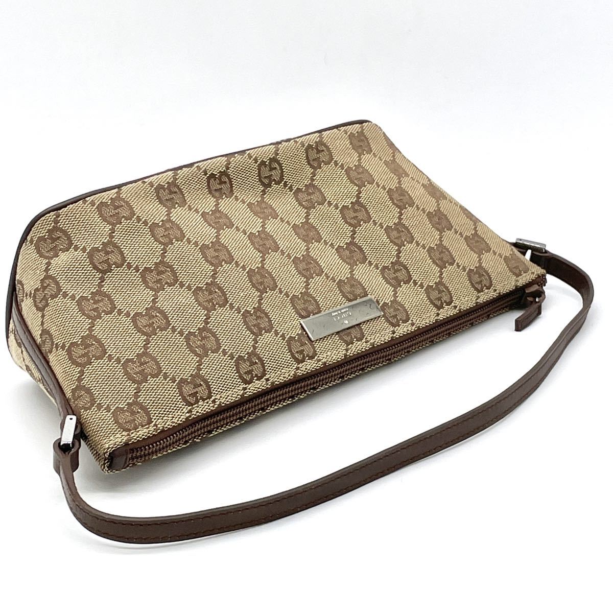美品 GUCCI グッチ GGキャンバス レザー ブラウン アクセサリーポーチ 