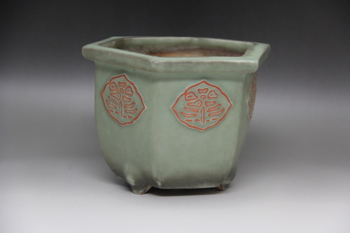 旧家うぶ出し】六角三脚盆栽鉢 直径約24cm／検 中国古美術 青磁 唐物