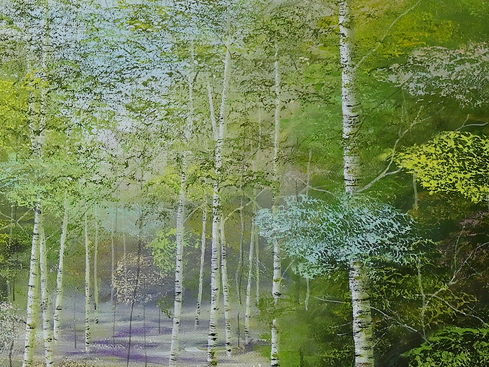 早瀬 遼 「白樺林」 油彩 サイン入 F10 額装 y052916 】油絵 風景画 慶 