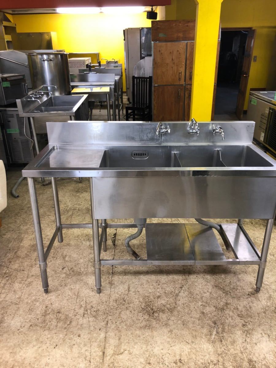 3槽シンク ステンレスシンク【出品NO.SW471】 W1450×D590×H890mm 業務用 厨房機器　飲食店　厨房設備　流し台 蛇口3個付き
