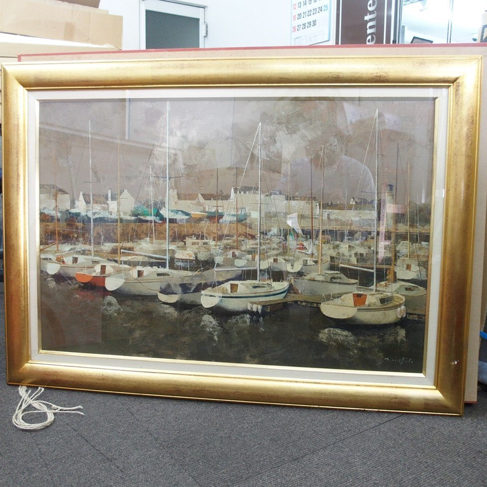 油彩画 風景画 海 ヨット m002 ura【95 森下 武 「ヨットハーバー