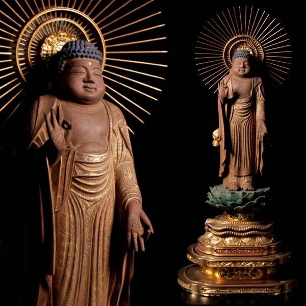 香木彫刻『金箔彩色阿弥陀如来立像』眼入截金 観音開き内蔵純金阿弥陀 