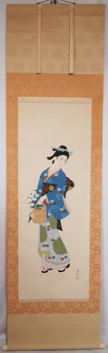 ☆【美人図】石川清彦 真作○絹本肉筆・共箱付 日本画 美人画掛軸