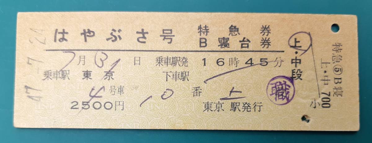 使用済み切符 国鉄 寝台特急はやぶさ号 はやぶさ号」 特急券 B寝台券 東京→ 常備券 東京駅発行 S47.7.24 JR