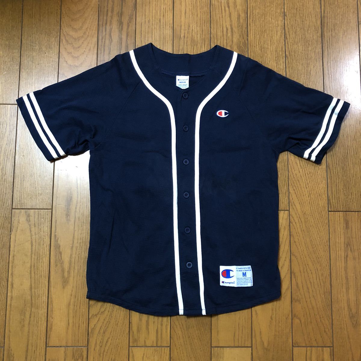 Mサイズ チャンピオン 古着ベースボールシャツ ネイビー メッシュ素材 