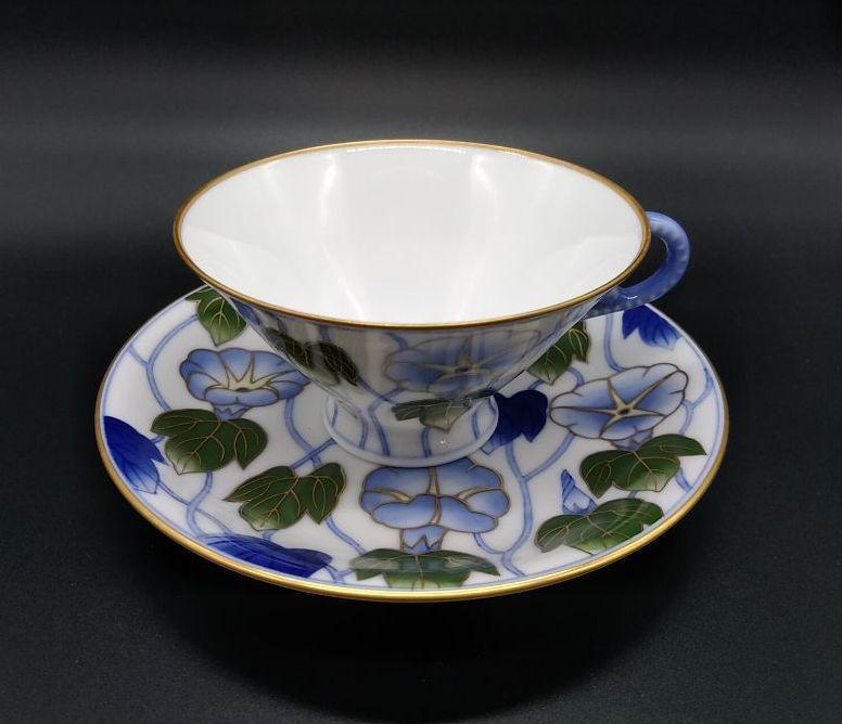 未使用】深川製磁 染錦つる朝顔 紅茶碗皿 釉下彩 バーミンガム 有田焼 