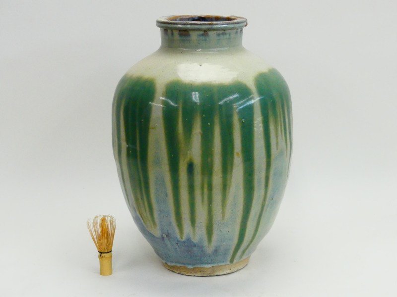 s254 信楽焼 青簾壺 緑釉 かけ流し 壺 茶壺 すだれ壺 高さ約47cm(花器