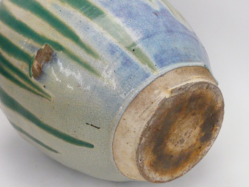 s254 信楽焼 青簾壺 緑釉 かけ流し 壺 茶壺 すだれ壺 高さ約47cm(花器