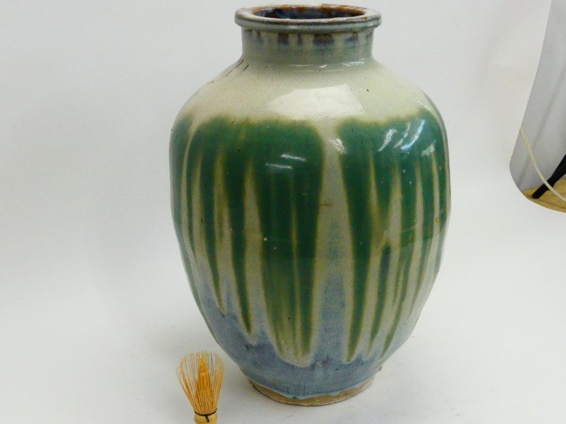 s254 信楽焼 青簾壺 緑釉 かけ流し 壺 茶壺 すだれ壺 高さ約47cm(花器