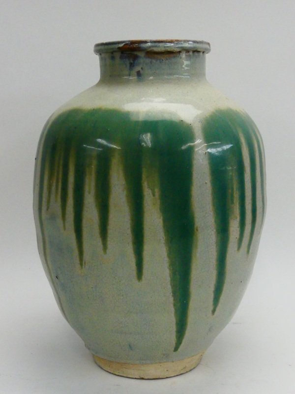 s254 信楽焼 青簾壺 緑釉 かけ流し 壺 茶壺 すだれ壺 高さ約47cm(花器
