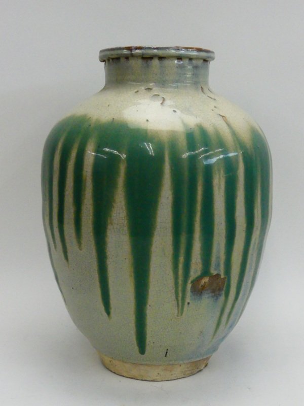 s254 信楽焼 青簾壺 緑釉 かけ流し 壺 茶壺 すだれ壺 高さ約47cm(花器
