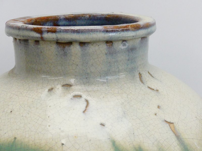 s254 信楽焼 青簾壺 緑釉 かけ流し 壺 茶壺 すだれ壺 高さ約47cm(花器