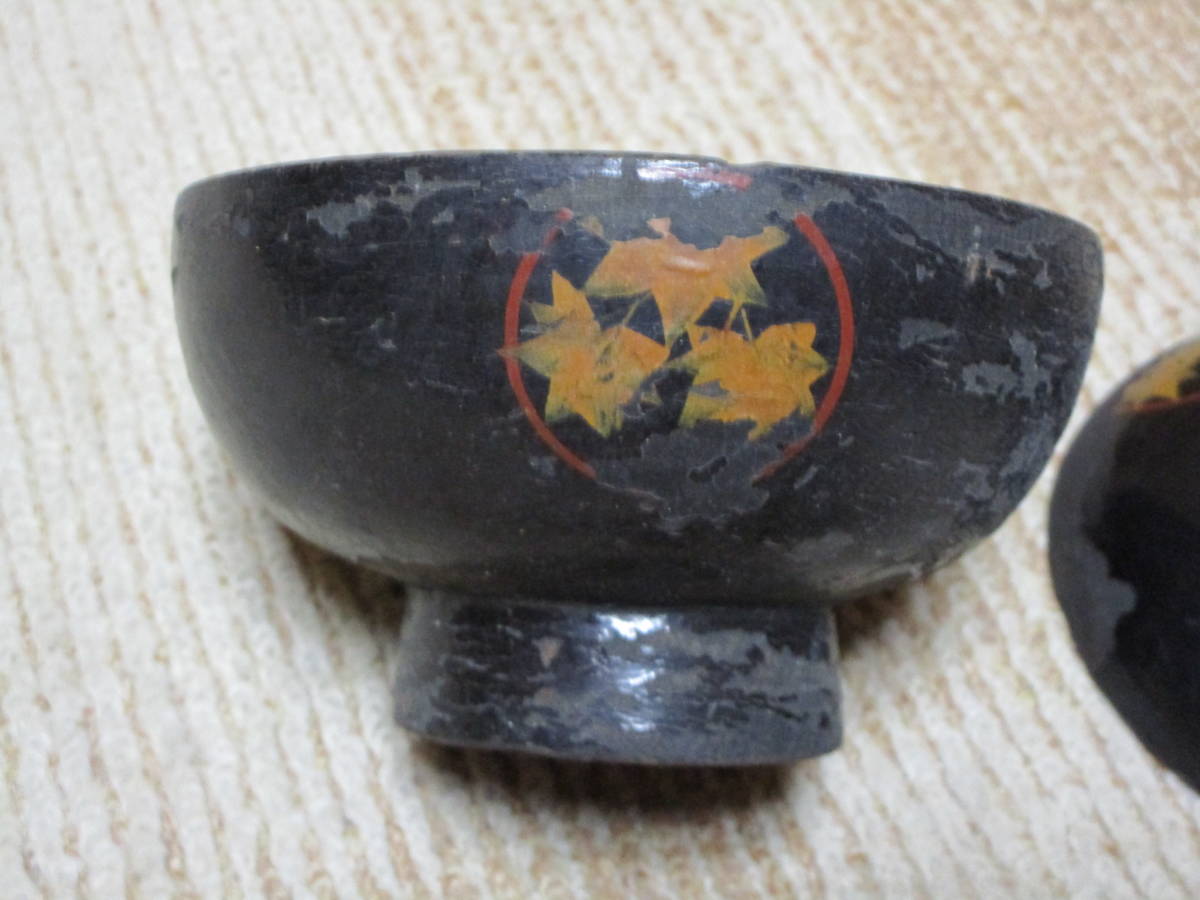 時代物 根来塗 浄法寺塗 漆絵 紅葉 椀 木皿 漆禿 割れ欠け 傷物 参考品