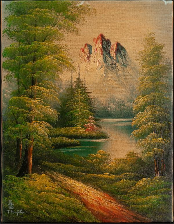 ◇藤田嗣治◇油絵 手描き《湖畔》表サイン 裏書(印譜) 東郷青児鑑定  