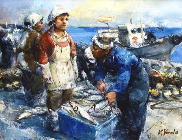 工藤和男 赤い魚と漁婦 油彩 【公式通販】