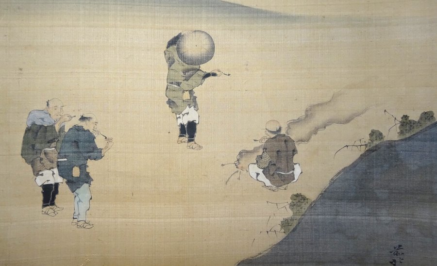 時代の掛軸　山水図肉筆保証　蔵整理 日本　中国美术品 X1115C16-9 掛軸 葛飾北斎 「江戸時代風俗画山水図」 肉筆保証 絹本尺八 江戸後期