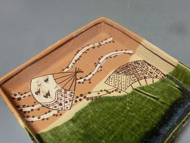 値下げ真作保証 瀧口喜兵爾 織部 四方皿 共箱・共布 値下げ真