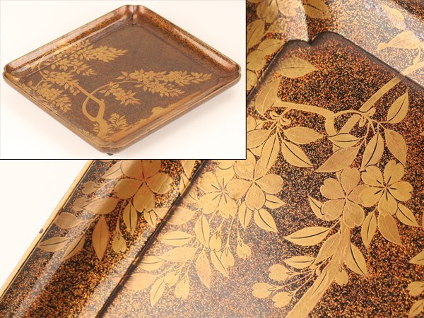 流】時代漆器 梨地花蒔絵香盆 箱付 KI725