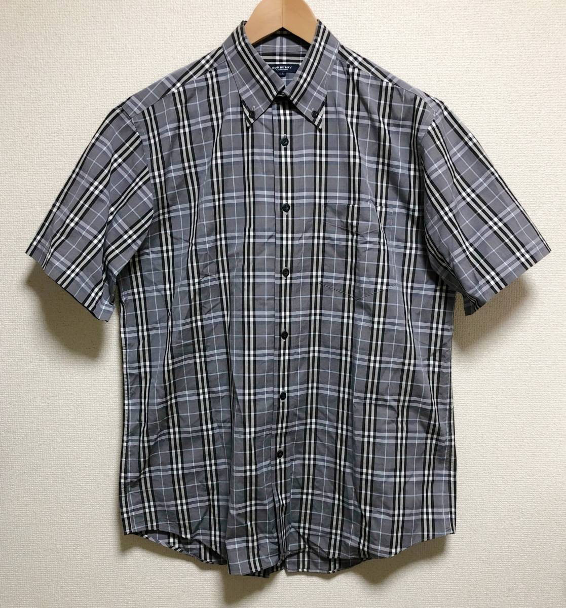極美品 サイズLL バーバリー ロンドン ノバチェック 半袖 シャツ 灰 BURBERRY BLACK LABEL LONDON